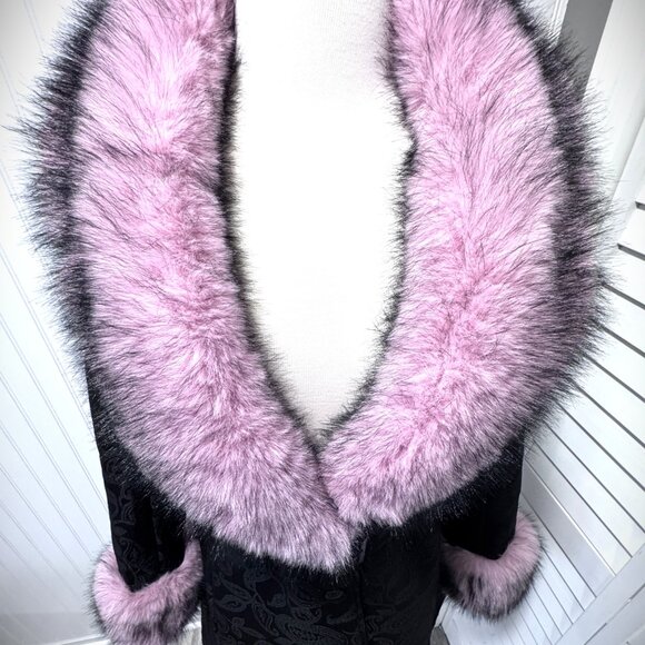 Sugar Thrillz Black & Pink Brocade Faux Fur A-Line Trench Coat - Picture 3 of 10